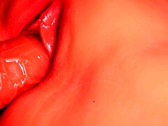 Double penetrate fuck doll's shaved pussy and ass with huge fake penis close up