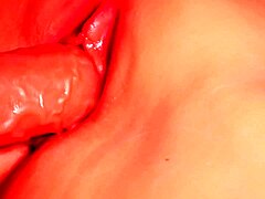 Double penetrate fuck doll's shaved pussy and ass with huge fake penis close up