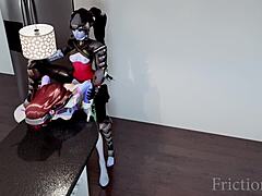 d va bends over kitchen counter for big cock