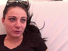 a brunette's hairy pussy takes dick deep in throat and on face