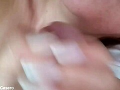 homemade latina couple's creampie on big natural tits