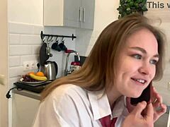 horny skinny brunette masturbates banana kitchen moans solo homemade