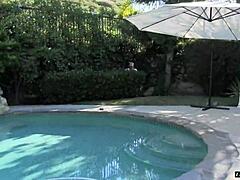 Naomi woods blonde bikini flashes poolside for outdoor pussy licking fuck