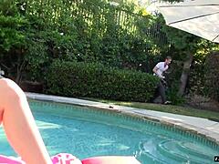 Naomi woods blonde bikini flashes poolside for outdoor pussy licking fuck