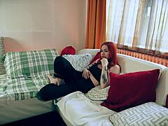 damn this annoyed redhead's pussy pounded hard on couch