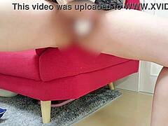 chubby japanese wife masturbates lewdly on the sofa