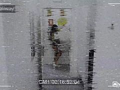 Squirting brunette rides monster cock, janitor almost catches her fucking hard.