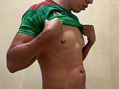 Young mexican soccer player jerks off hard in gym bathroom solo