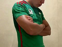 Young mexican soccer player jerks off hard in gym bathroom solo