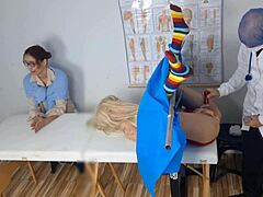 kinky redhead milf in uniform takes step sis to dirty gyno for creampie