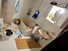 bro set up spy cam caught me blonde slut dildo bath masturbation 😈🛁🍆