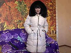 mature milf in furry hood coat sucks huge dildo outdoors