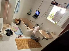 bro set up spy cam caught me blonde slut dildo bath masturbation 😈🛁🍆