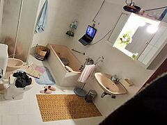 bro set up spy cam caught me blonde slut dildo bath masturbation 😈🛁🍆