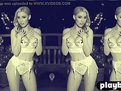 Blonde Dorothy Grant poses sexy in lingerie before stripping huge ass and tits