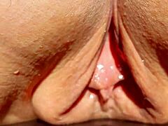 damn this horny mature flashing her huge soaking wet meaty cunt lips in slow mo