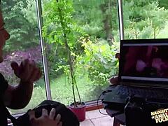 slutty babe takes rough outdoor fuck bent over by forest waterfall