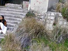 Saucy Brunette Dares Wild Outdoor Threesome Double Penetration