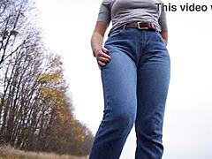 Milf's Massive Cameltoe Tease in Tight Blue Jeans Outdoors Explodes!