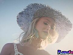 petite blonde emma hix strips nude posing outdoors at sunset