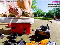 Kati crushes toy cars under giantess sneakers trample