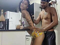 skinny tattooed whore chamei desconhecida bends over kitchen for bbc creampie
