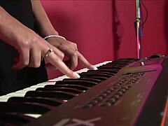 After playing the keyboard the brunette and blonde milfs have a foursome
