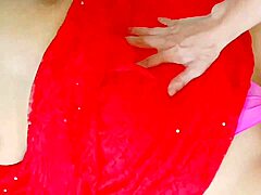 Red saree stepmom rides hard with dirty hindi talk