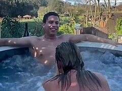 Outdoor sex with a hot blonde milf in a hot tub - jacuzzi
