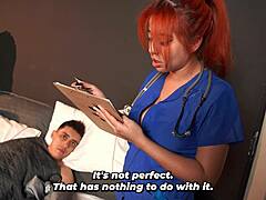 Redhead doctor examines huge patient penis