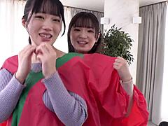 Part 1 close college girls pair doing super attached two person play