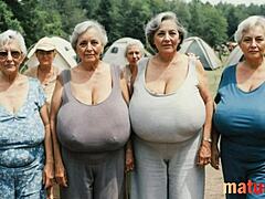 Vintage fantazie babiček ukazují křivé obrovské kozy v retro milf akci