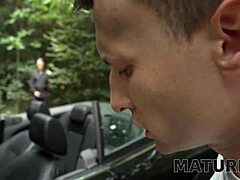 mature brunette in heels seduces young guy fucks him publicly in woods while husband watches