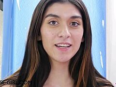 College brunette shares first fuck experience on sofa